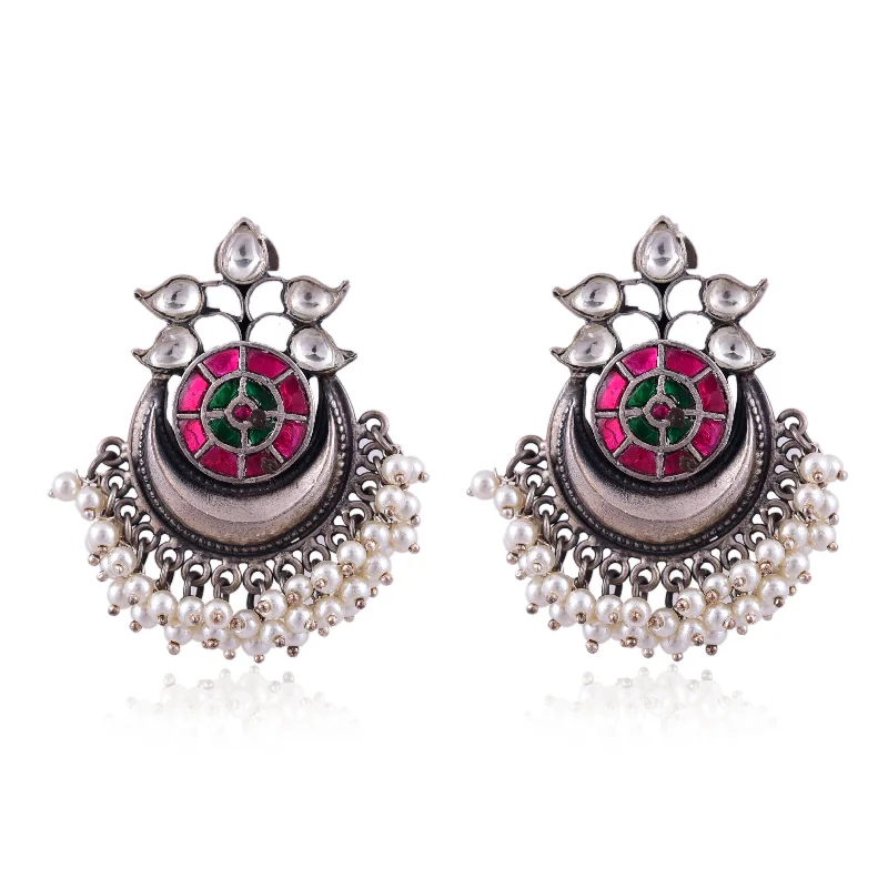 crystal earrings for women-Silver Mountain Silver Kundan Pearl Drops Earring