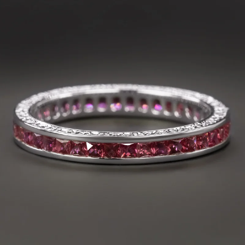 custom engagement rings for women-ART DECO STYLE RUBY ETERNITY RING WEDDING BAND 14k WHITE GOLD FRENCH CUT NATURAL