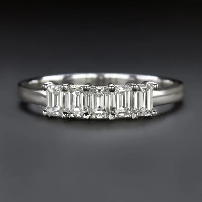 custom engagement rings for women-1 CARAT EMERALD CUT LAB CREATED DIAMOND WEDDING BAND 5 STONE RING 14k WHITE GOLD