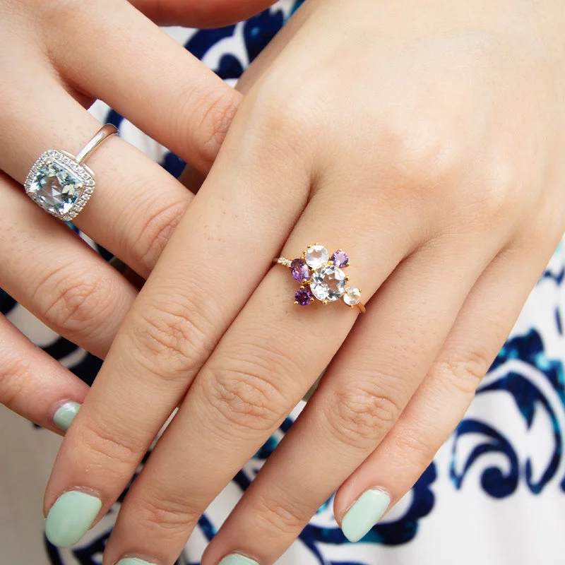 contemporary rings for women-Twilight Rose Cluster Amethyst, Rose Quartz & Diamonds Ring