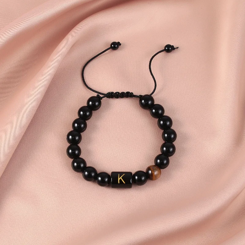 Obsidian Letter K Braided Rope Bracelet