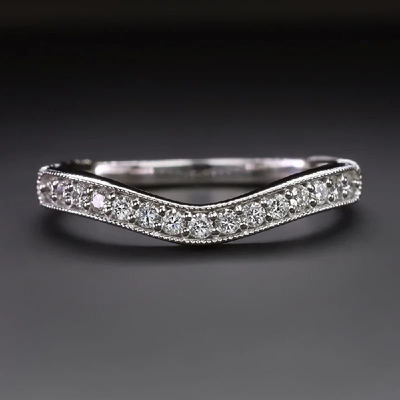 vintage diamond engagement rings for women-VINTAGE STYLE CONTOUR WEDDING BAND DIAMOND STACKING RING 14k WHITE GOLD FLORAL