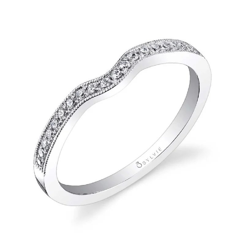 floral diamond engagement rings for women-Sylvie Curved Diamond Wedding Band With Milgrain Accents BSY453