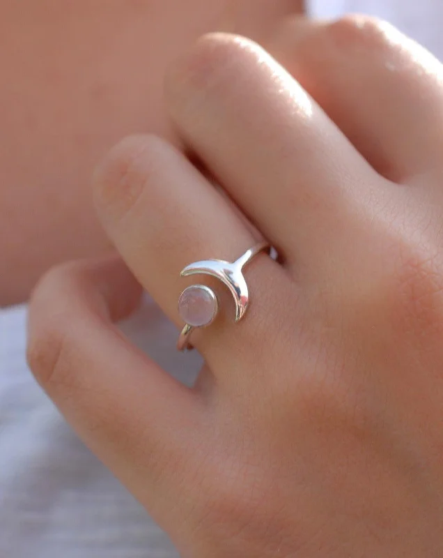 unique rings for women-Malibu Half Moon Ring ~ Rose Quartz ~ Sterling Silver 925 ~MR125