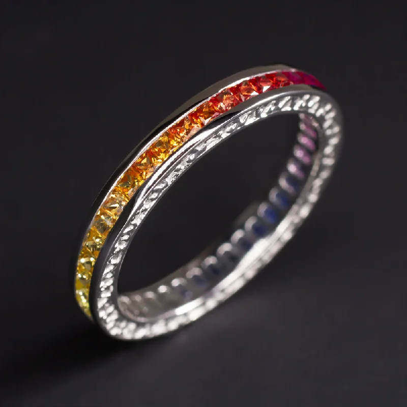 wedding engagement rings with diamonds for women-NATURAL FRENCH CUT RAINBOW SAPPHIRE ETERNITY RING WEDDING BAND ART DECO STYLE