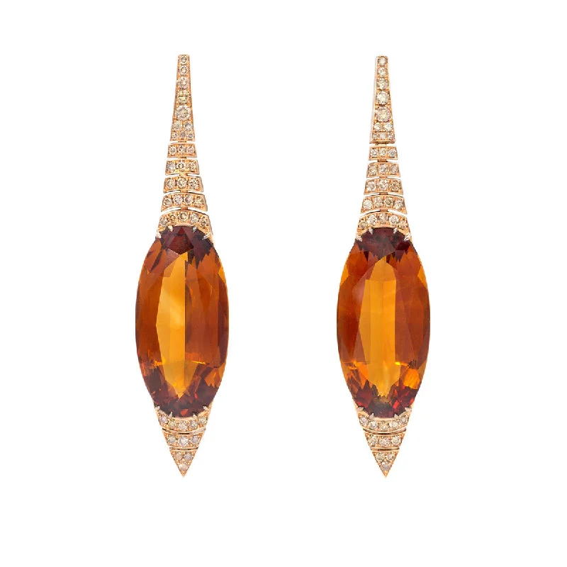 bar earrings for women-Citrine and Brown Diamond Drop Earrings