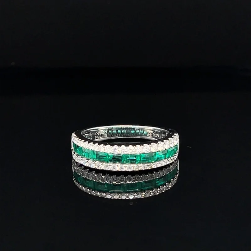 personalized name rings for women-Emerald Baguette & Diamond Triple Row Wedding Ring in 18k White Gold - #517 - RGEME065679