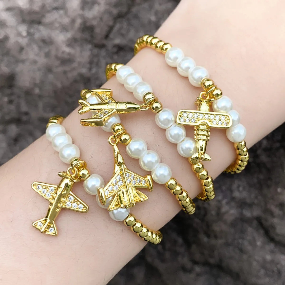 engraved bracelets for women-Preppy Style Modern Style Airplane Zircon Baroque Pearls Copper Wholesale Bracelets