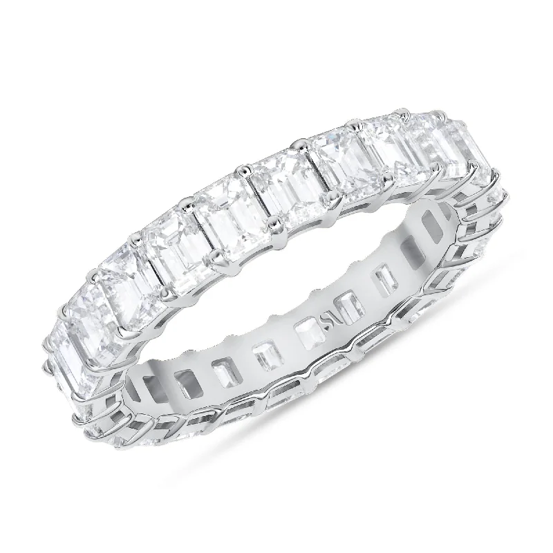 custom engraved rings for women-18K White Gold Emerald Cut Eternity Ring, 4.18ct