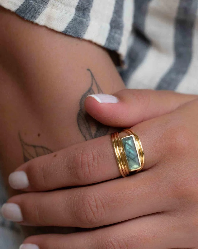 sterling silver rings with diamonds for women-Rainbow Labradorite Ring ~ Rectangular Stone ~ 18k Gold Plated ~ MR304