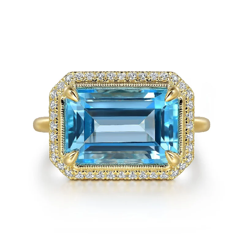 large stone rings for women-14K Yellow Gold Diamond and Blue Topaz Emerald Cut Ladies Ring With Flower Pattern Gallery