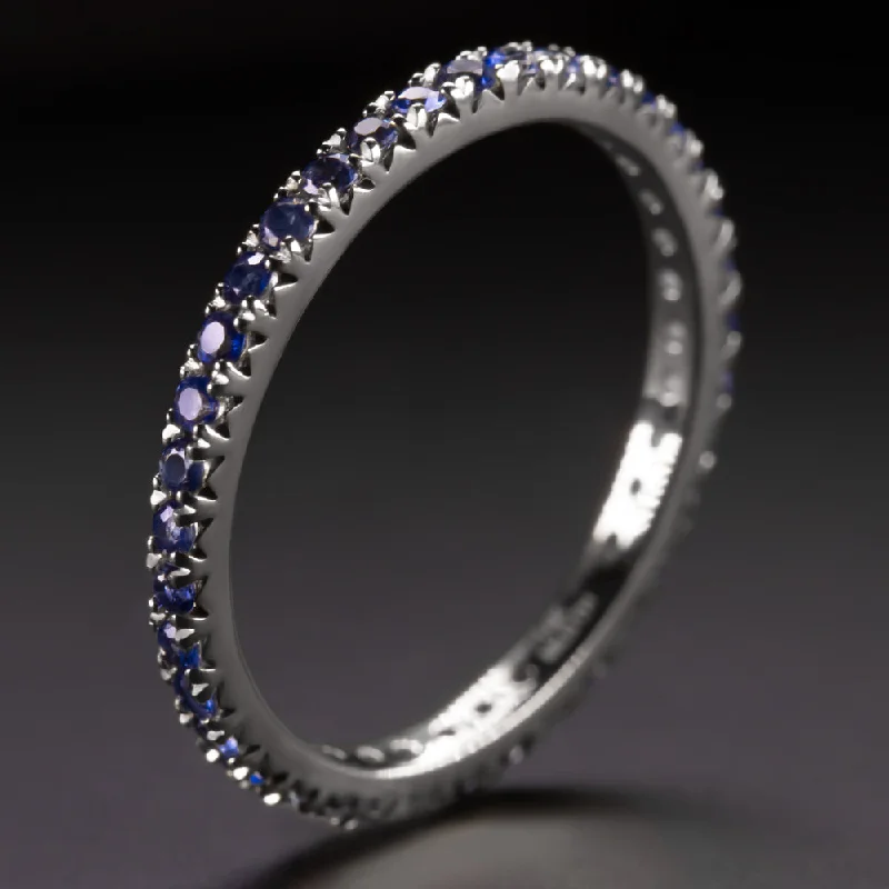 affordable engagement rings with diamonds for women-SAPPHIRE 14K WHITE GOLD ETERNITY RING STACKING WEDDING BAND NATURAL BLUE GEM