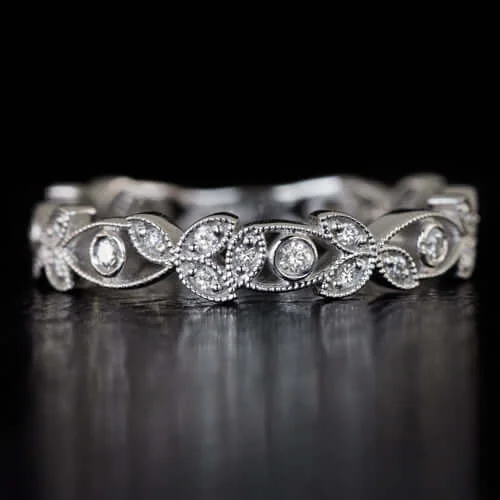 promise rings for women-ROUND DIAMOND BEZEL WEDDING BAND FILIGREE RING VINTAGE STYLE FLORAL ART DECO