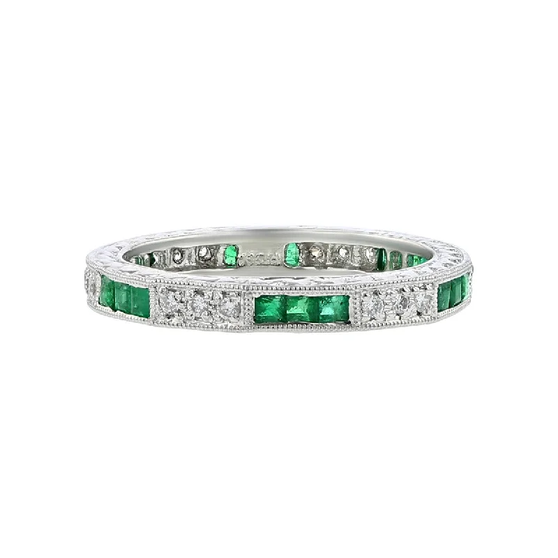 forever engagement rings for women-Platinum Emerald and Diamond Wedding Band