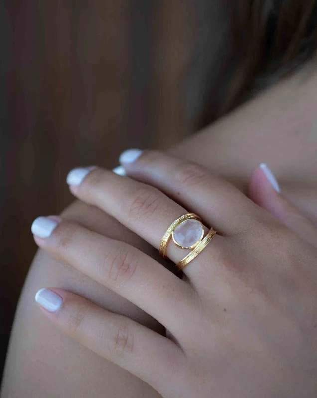 stacking rings for women-Double Ring ~ Rose Quartz ~18k Gold Plated ~ MR310