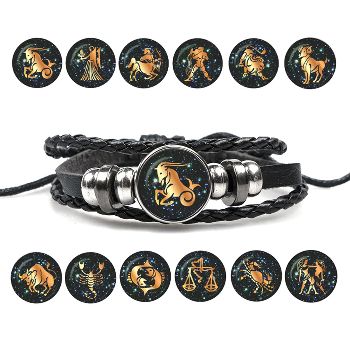 engraved bracelets for women-Hip-Hop Retro Animal Constellation CCB Pu Leather Braid Unisex Drawstring Bracelets