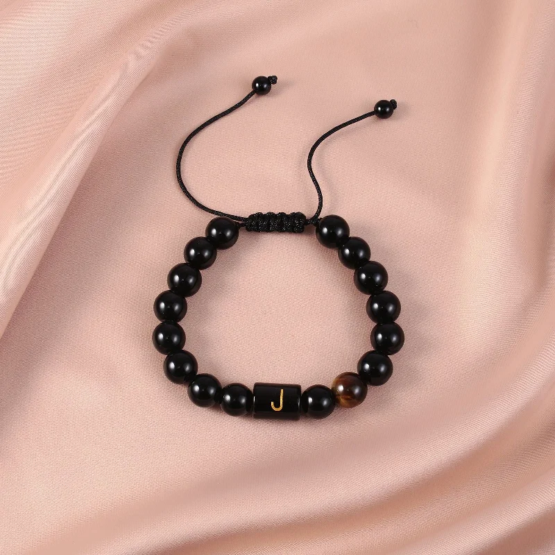 Obsidian Letter J Braided Rope Bracelet