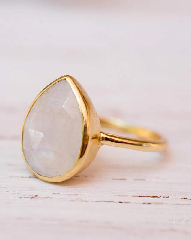 diamond cluster rings for women-Lia Rainbow Moonstone Tear Drop Ring  ~ 18k Gold Plated ~  MR147