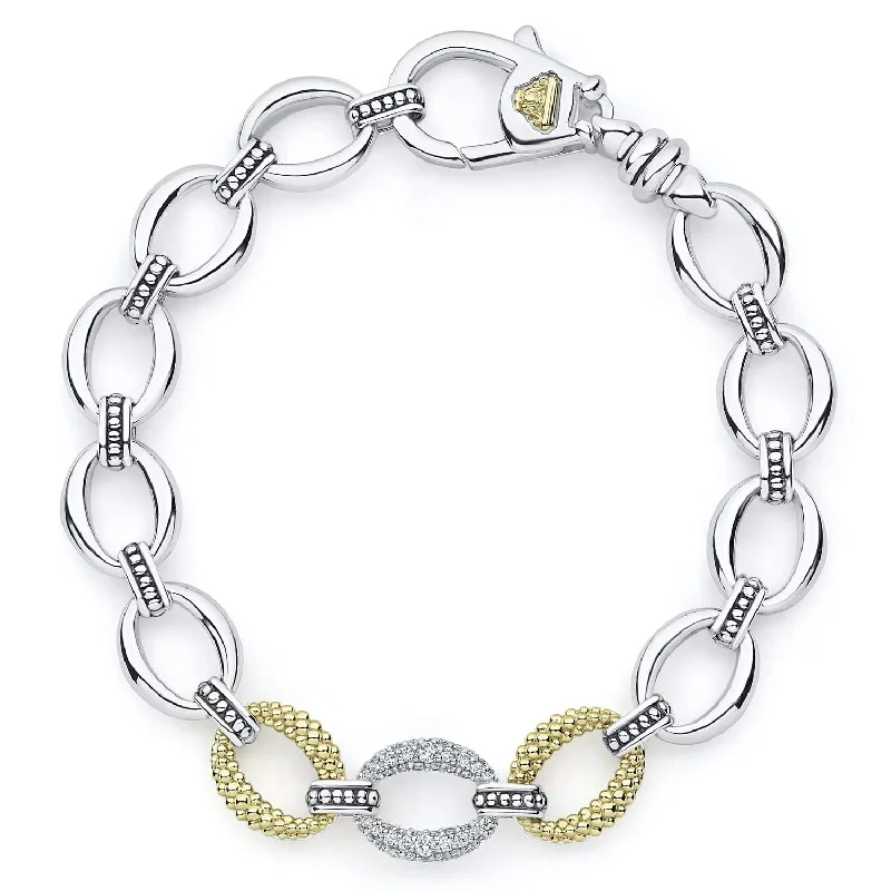 handmade bracelets for women-Lagos 18K and Sterling Silver Caviar Lux Diamond Oval Link Bracelet