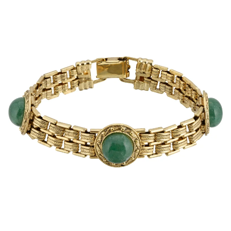 gemstone bracelets for women-1928 Jewelry Round Green Aventurine Gemstone Link Bracelet