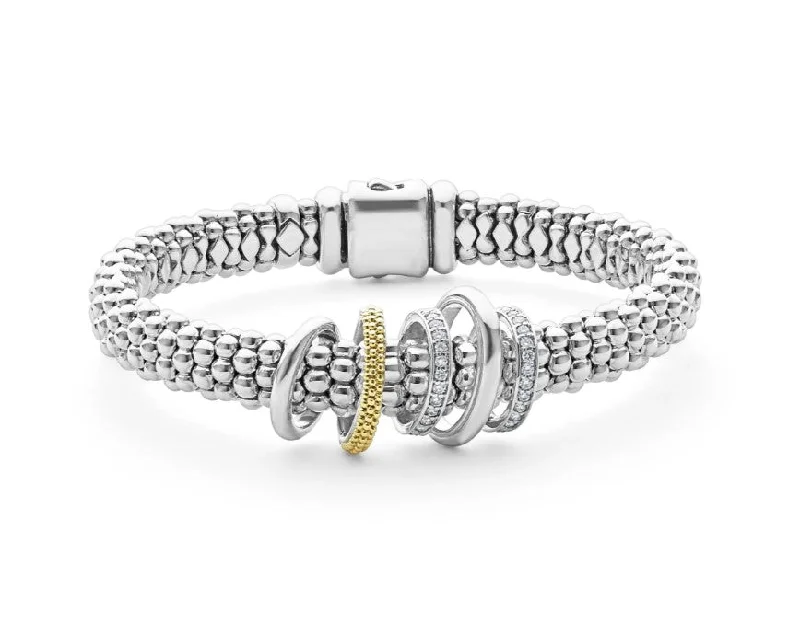 chain bracelets for women-Lagos 18K and Sterling Silver Caviar Lux 5 Row Diamond Wide Bracelet