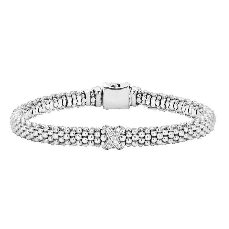 chic bangles for women-Lagos Sterling Silver Caviar Lux Diamond X 6mm Bracelet