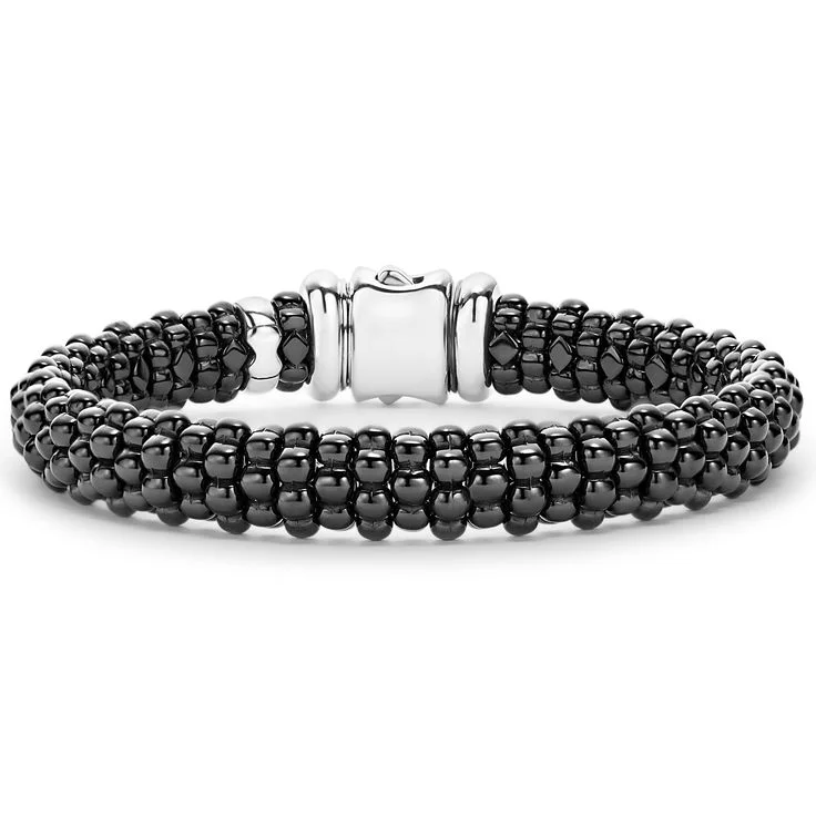 enamel bracelets for women-Lagos Sterling Silver Black Caviar 9mm Ceramic Bracelet