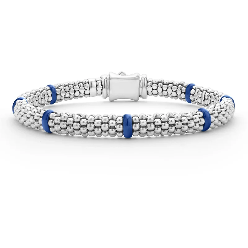 fashion bangles for women-Lagos Sterling Silver Caviar Ultramarine Blue Ceramic 7 Station Bracelet