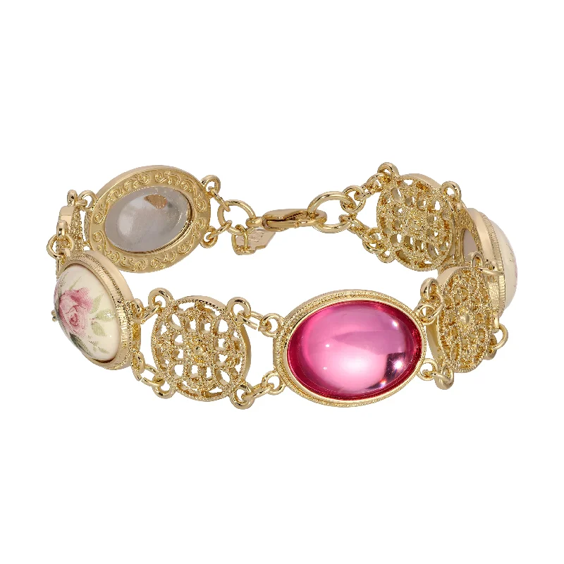 gold bangles for women-1928 Jewelry Meso Round Ceramic Rose & Pink Stone Link Bracelet