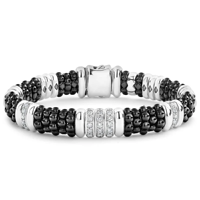 silver beaded bracelets for women-Lagos Sterling Silver Black Caviar Black Ceramic Diamond 9mm Bracelet