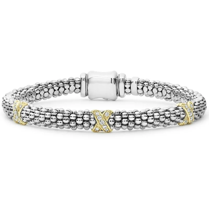 bohemian bracelets for women-Lagos 18K and Sterling Silver Caviar Lux 6mm Diamond Bracelet