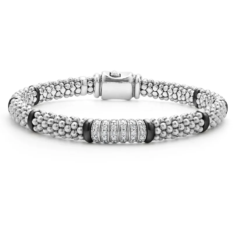 stacking bangles for women-Lagos Sterling Silver & Black Caviar Six Diamond Station Bracelet