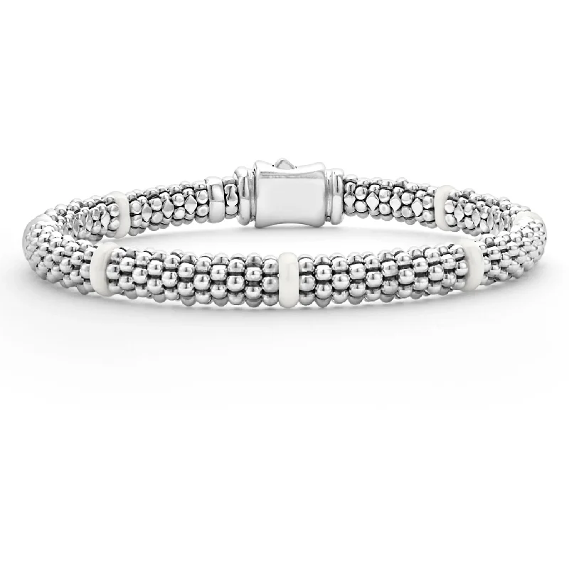 designer bracelets for women-Lagos Sterling Silver Caviar White Ceramic 7 Station Bracelet